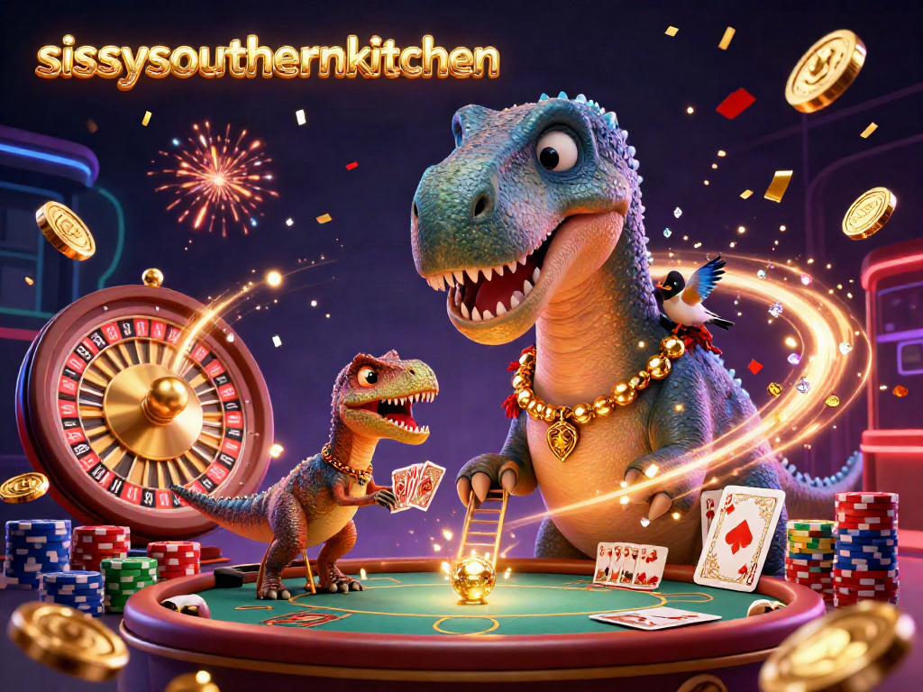 Experience gaming thrill at sissyssouthernkitchen with a dynamic cartoon casino scene featuring a giant brontosaurus.