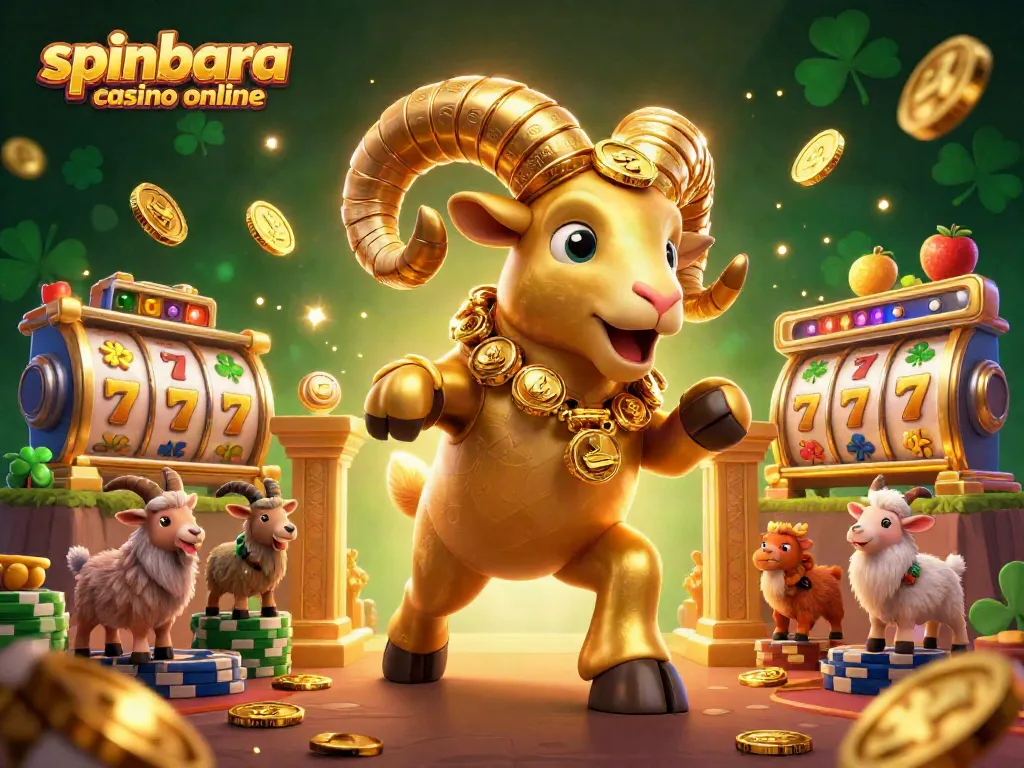 Experience the excitement of spinbara casino online with a vibrant 3D illustration of a golden ram amidst spinning slot reels.