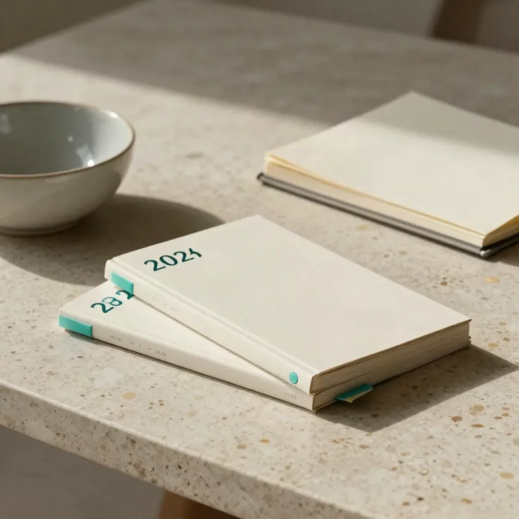 Tres libritos lisos sobre travertino junto a un cuenco cerámico y una libreta cerrada.