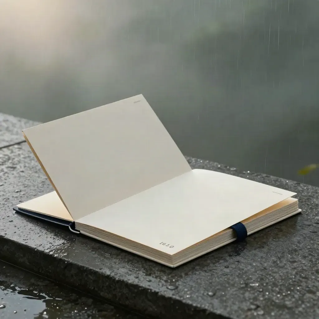 Carpeta marfil con cuadernillos y hoja plegada sobre piedra húmeda con niebla suave.